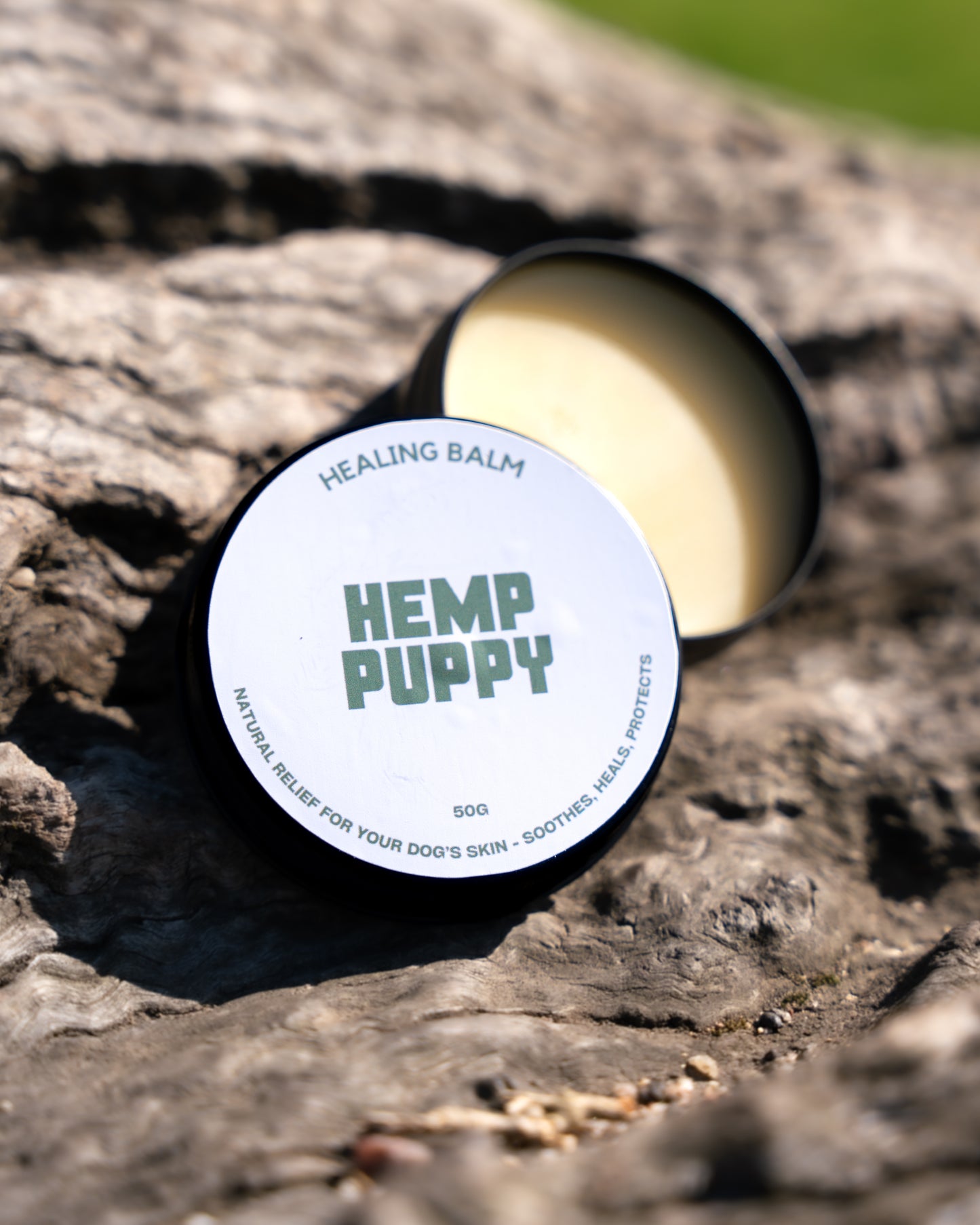 Hemp Puppy Healing balm for dogs, made with natural hemp ingredients to treat irritated skin, dry patches, and skin allergies. Ideal for dogs with sensitive skin and inflammation.